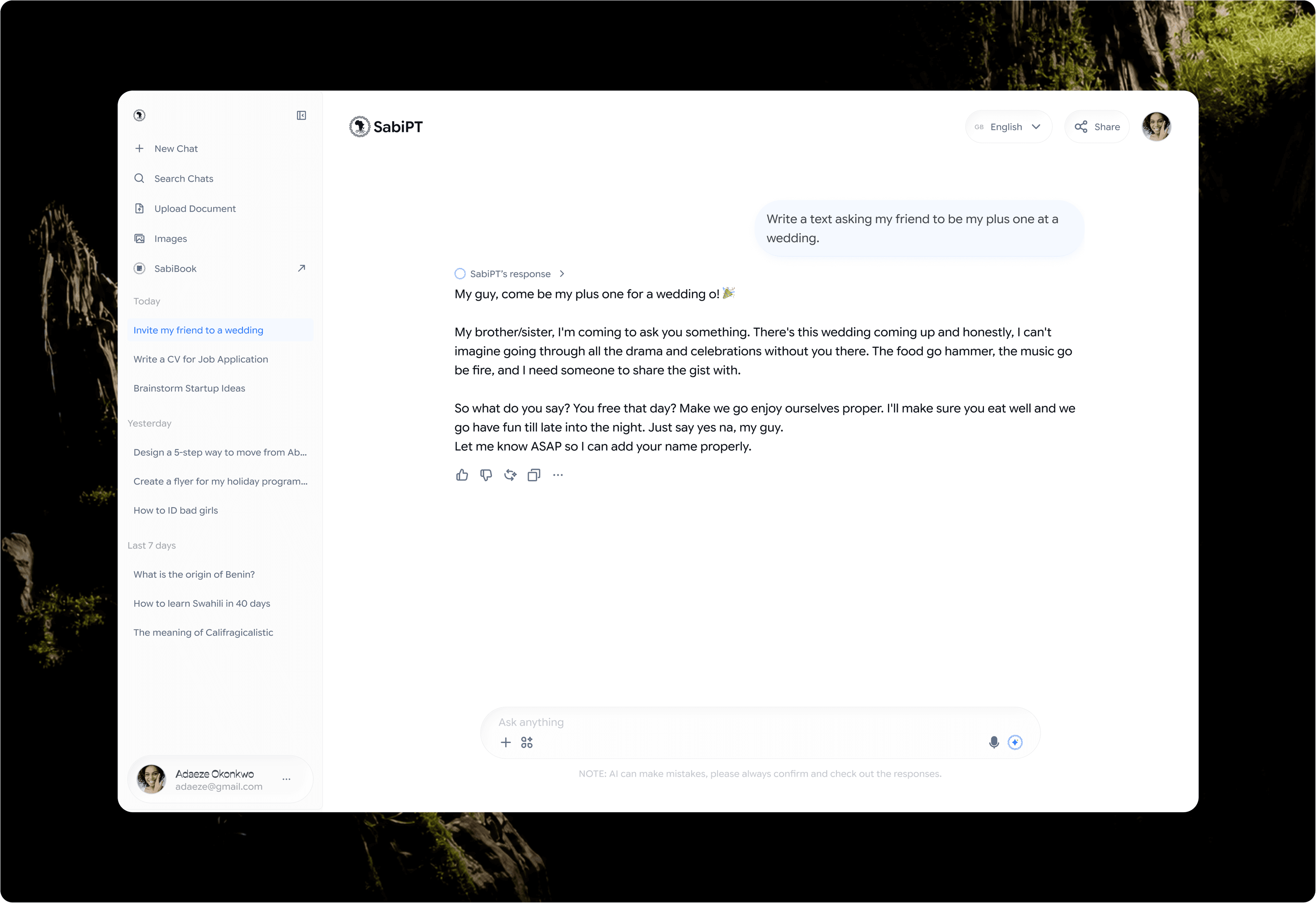 SabiPT Application Dashboard Interface